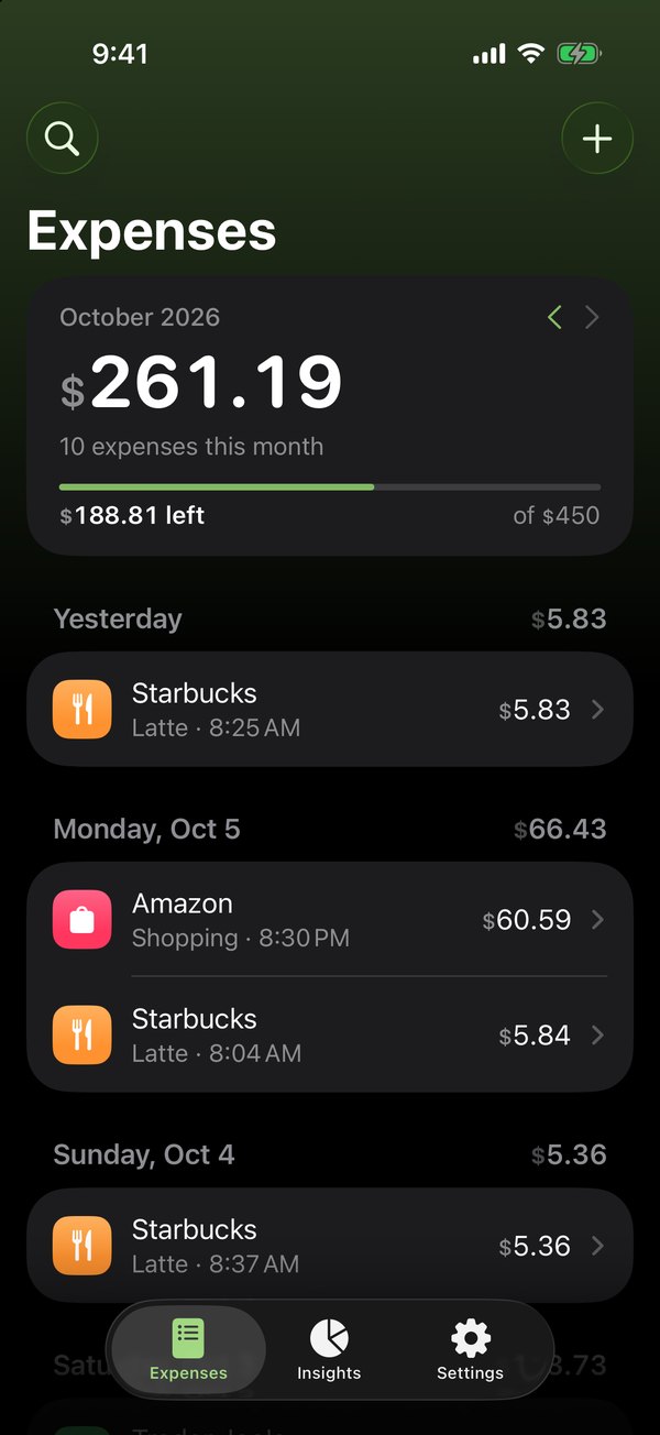 Expenbot expenses screen showing a monthly total of $261.19 and recent Starbucks and Amazon purchases