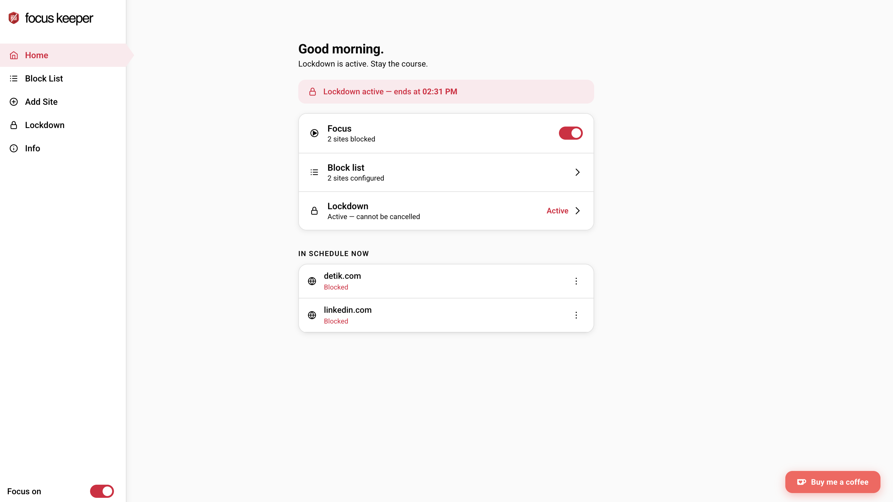 Focus Keeper — home screen